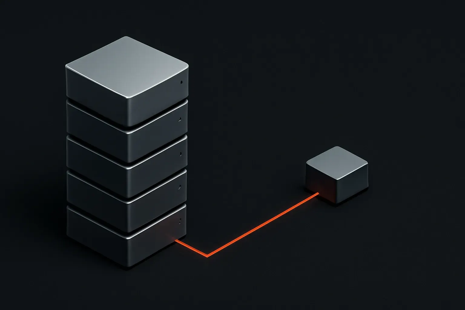 Abstract isometric render of a server-rack and pipeline diagram, duotoned graphite and ember