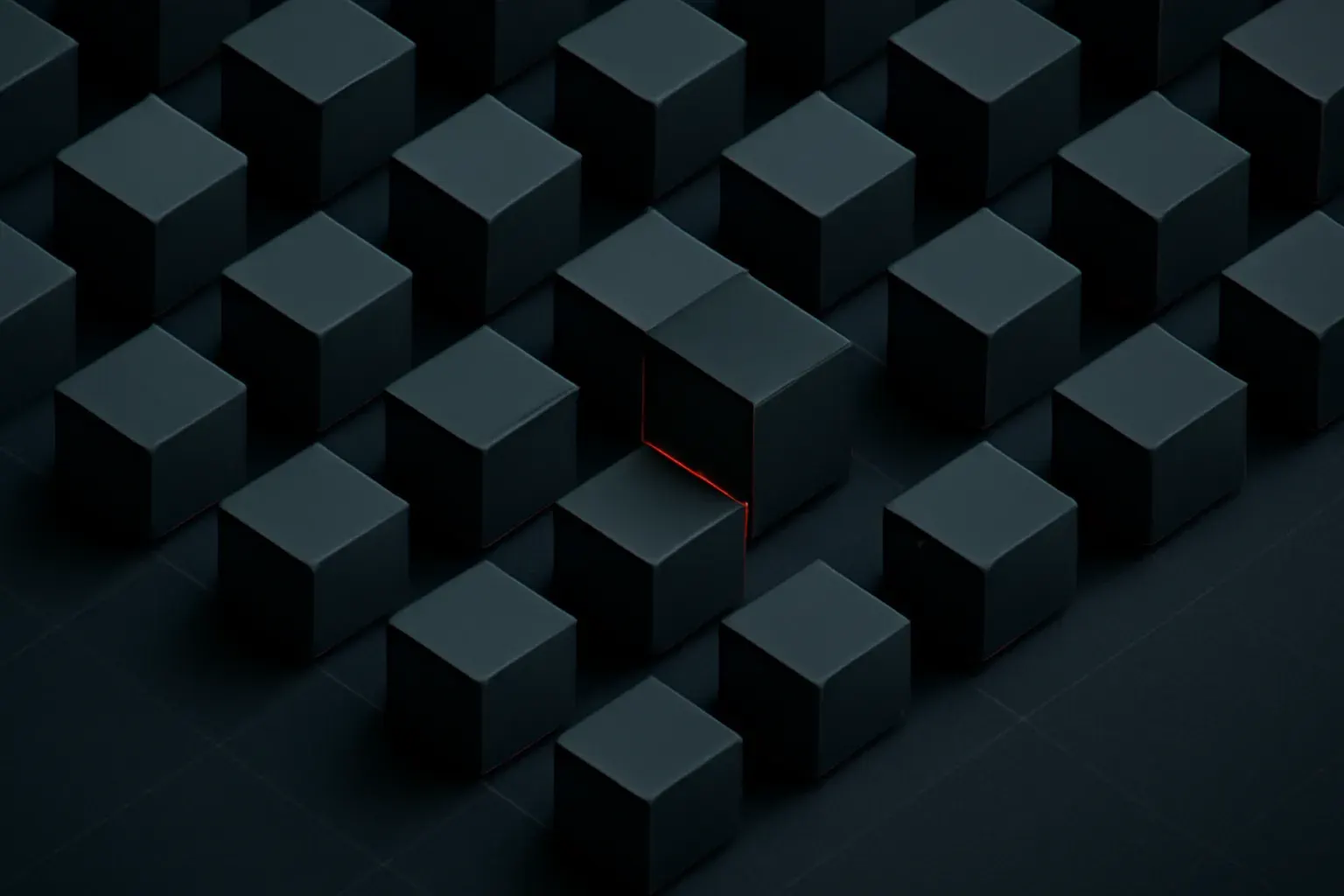 Abstract isometric render of a bespoke architecture diagram with connected custom modules, duotoned graphite and ember