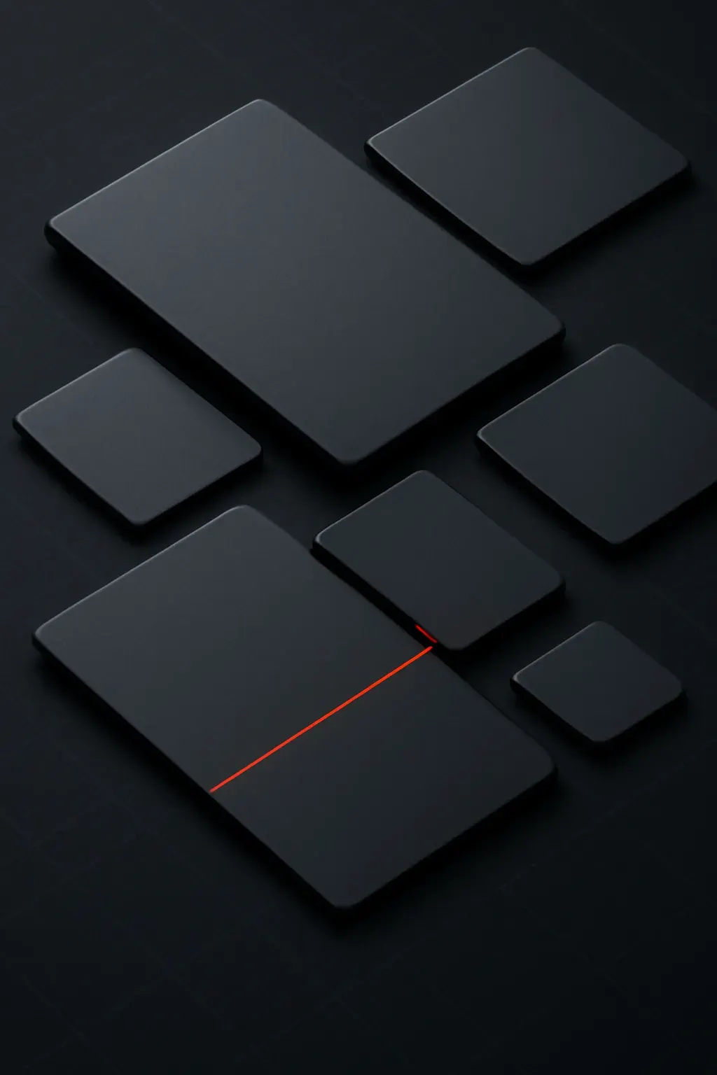 Abstract isometric render of wireframe grids and UI component swatches, duotoned graphite and ember