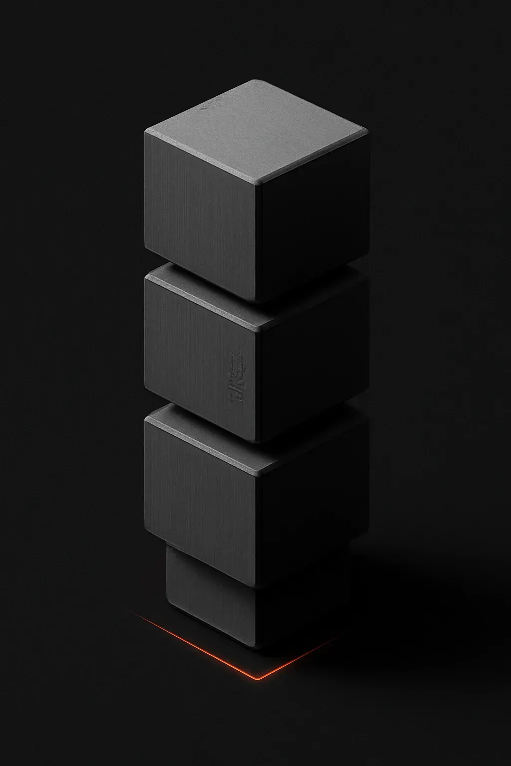 Abstract isometric render of a storefront grid and shopping-cart shapes, duotoned graphite and ember