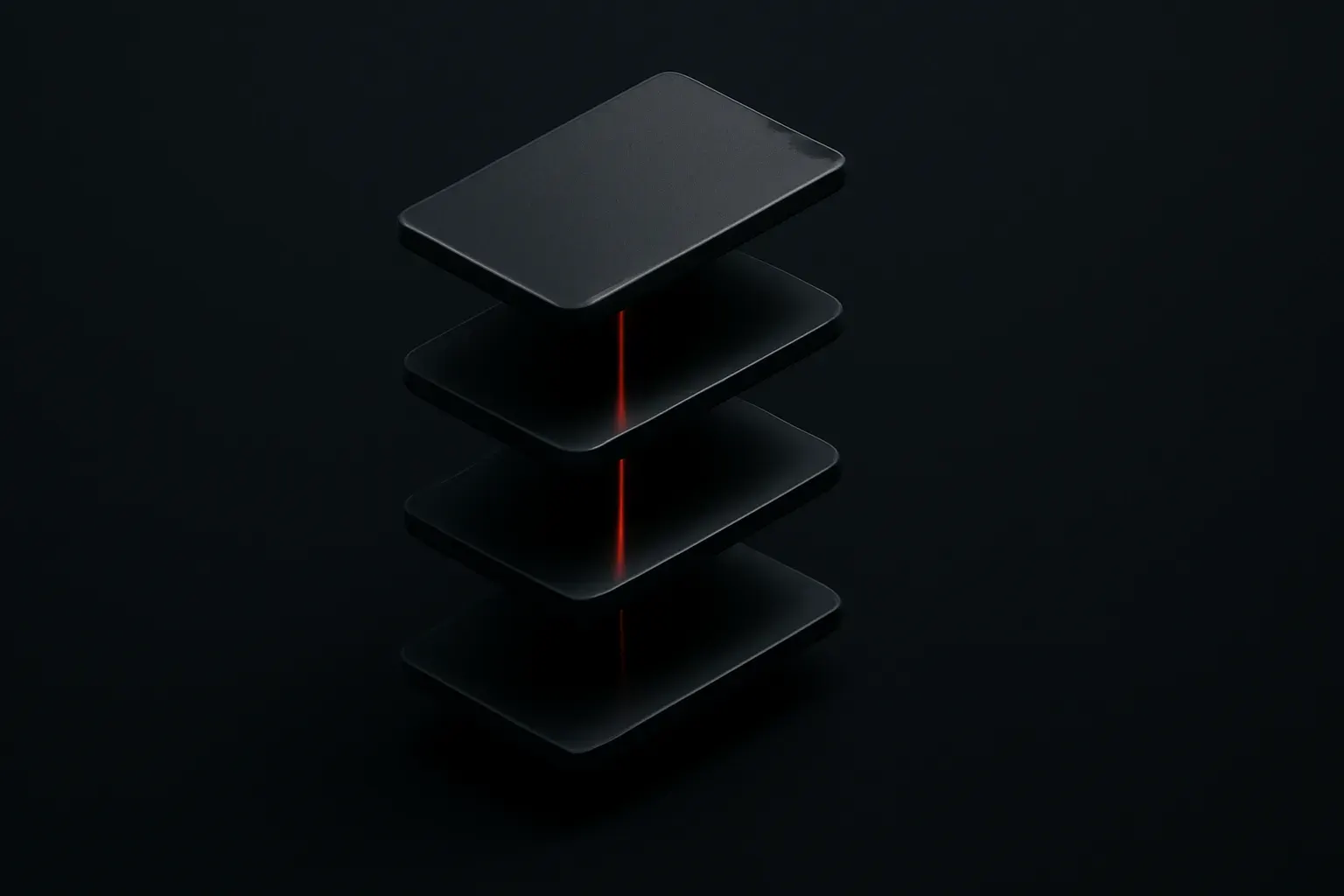 Abstract isometric render of stacked mobile phone screens, duotoned graphite and ember
