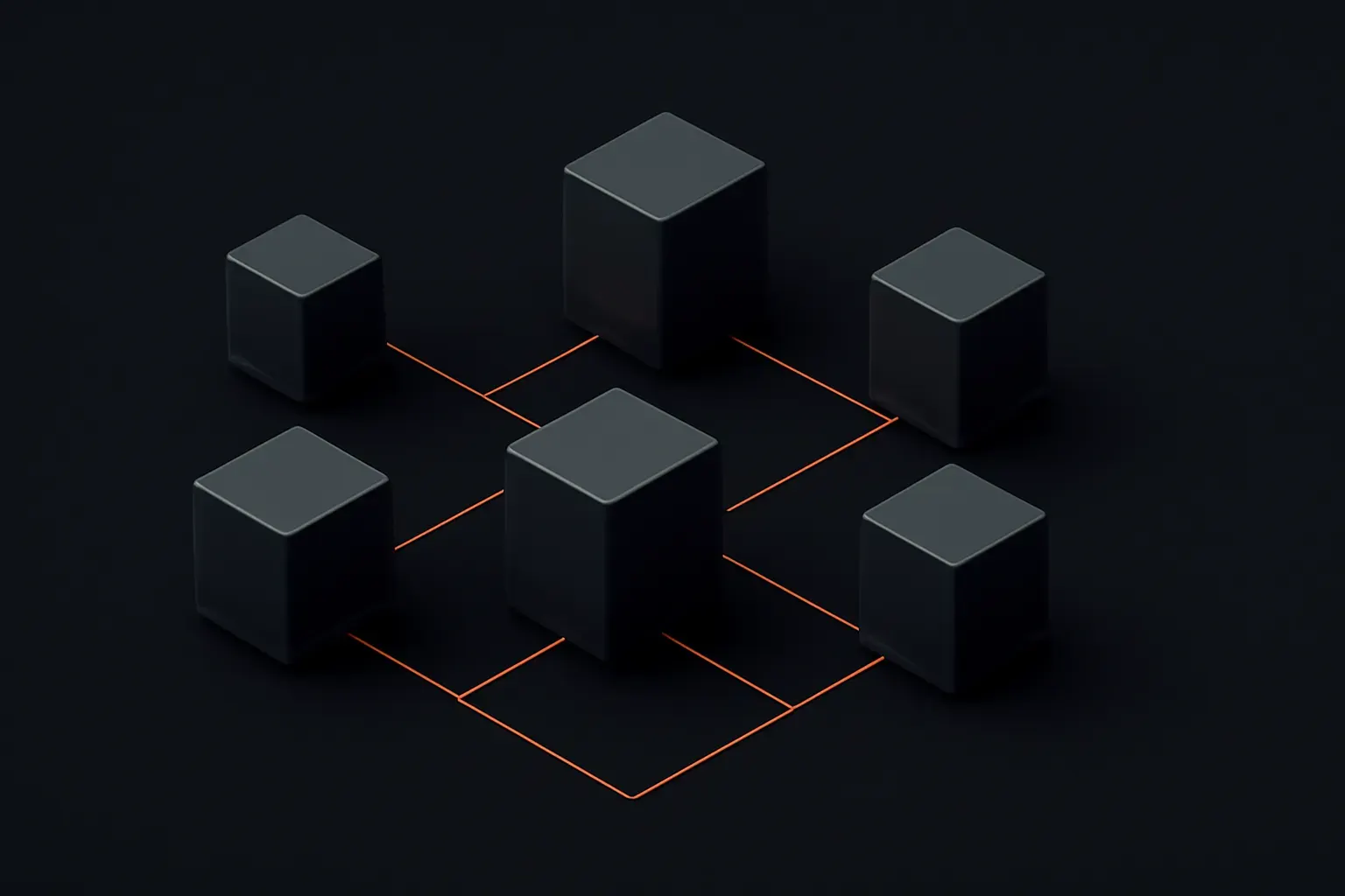 Abstract isometric render of connected dashboard panels and data tables, duotoned graphite and ember